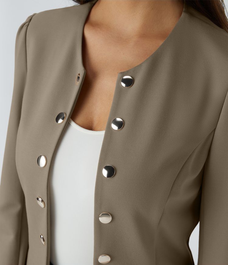 Round Neck Long Sleeve Decorative Button Slim Work Jacket