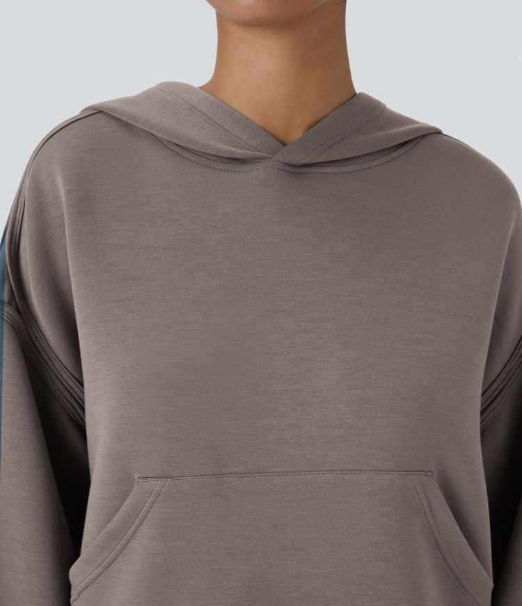 SpacerTek™ Hooded Dropped Shoulder Kangaroo Pocket Cropped Relax Casual Sweatshirt