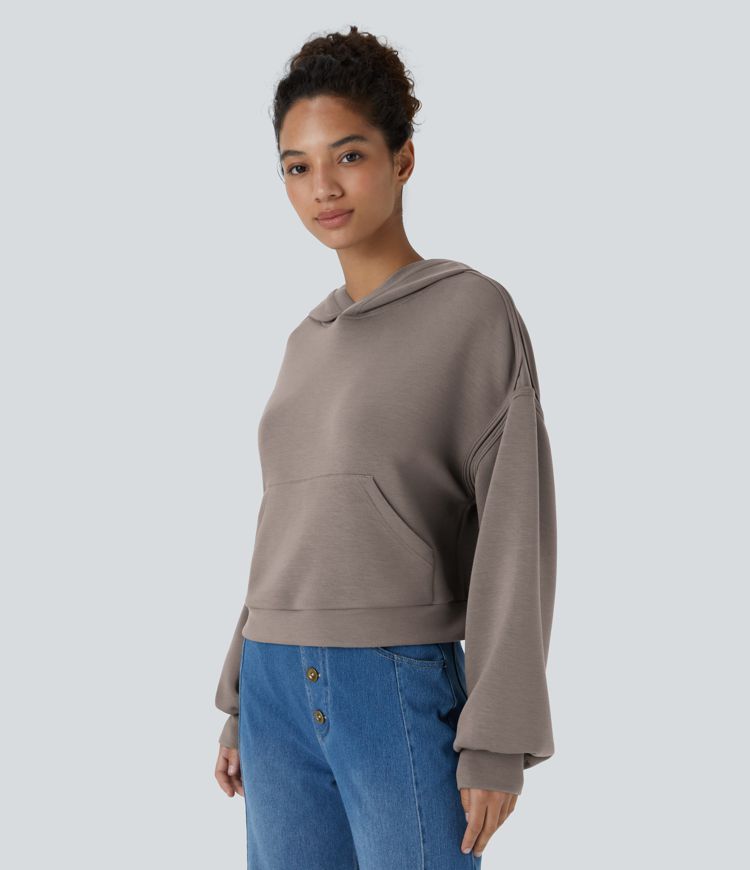 SpacerTek™ Hooded Dropped Shoulder Kangaroo Pocket Cropped Relax Casual Sweatshirt
