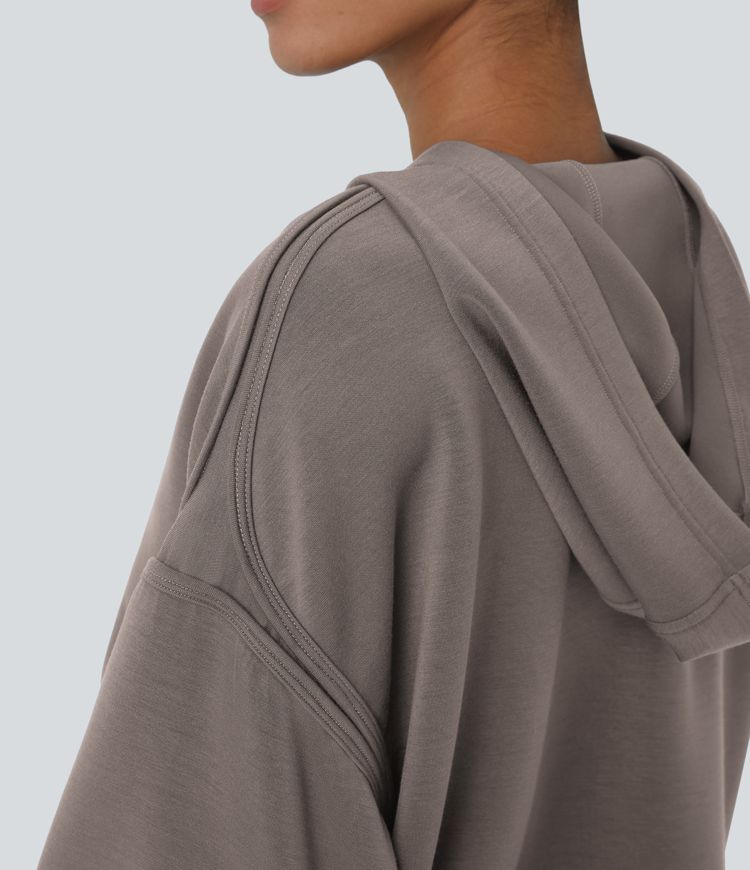 SpacerTek™ Hooded Dropped Shoulder Kangaroo Pocket Cropped Relax Casual Sweatshirt