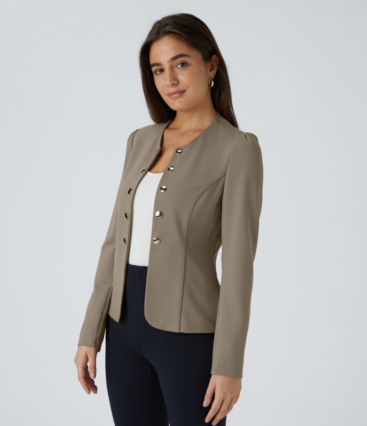 Round Neck Long Sleeve Decorative Button Slim Work Jacket