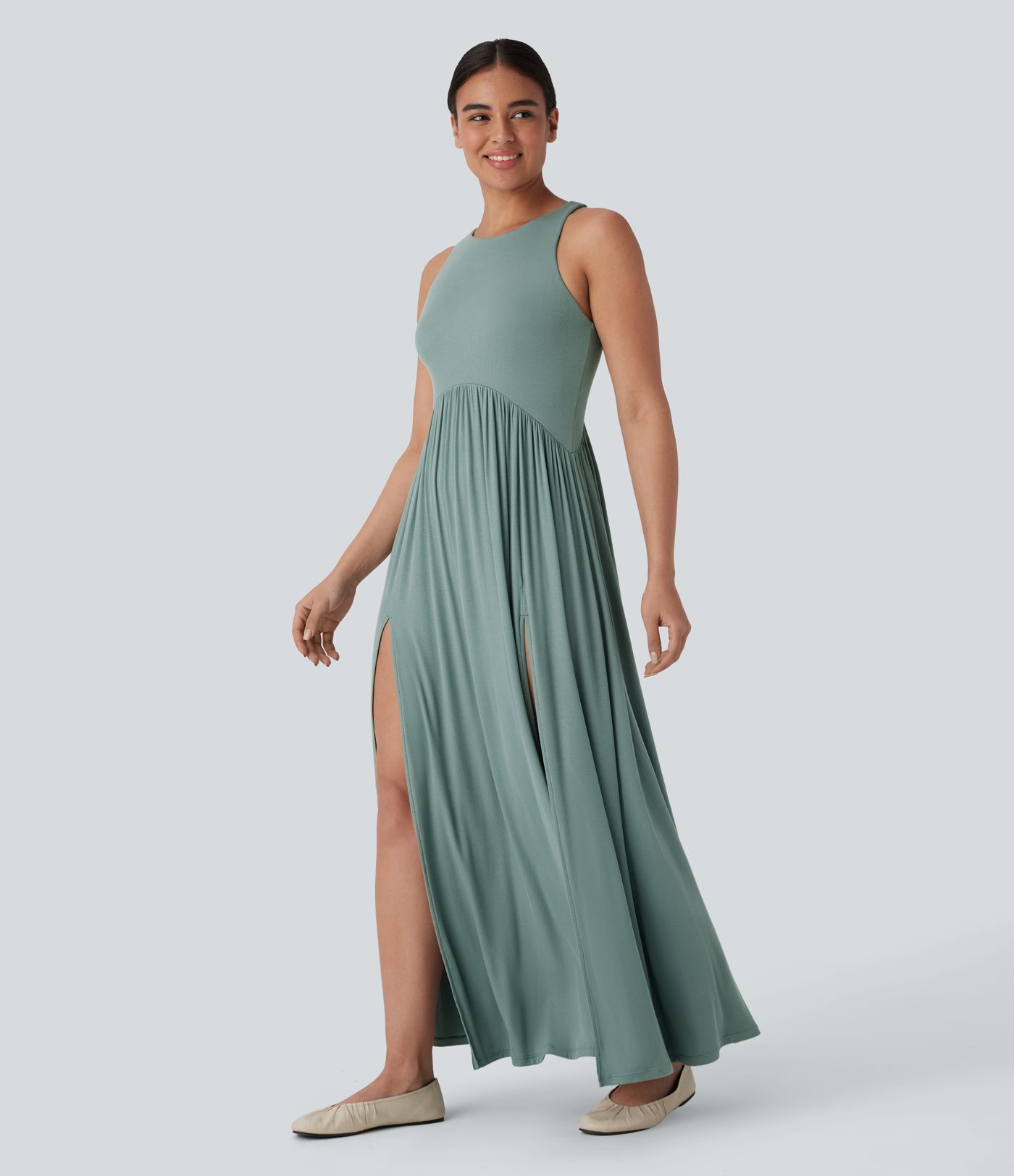 Ribbed Round Neck Backless Racerback Split Flowy Maxi Casual Dress