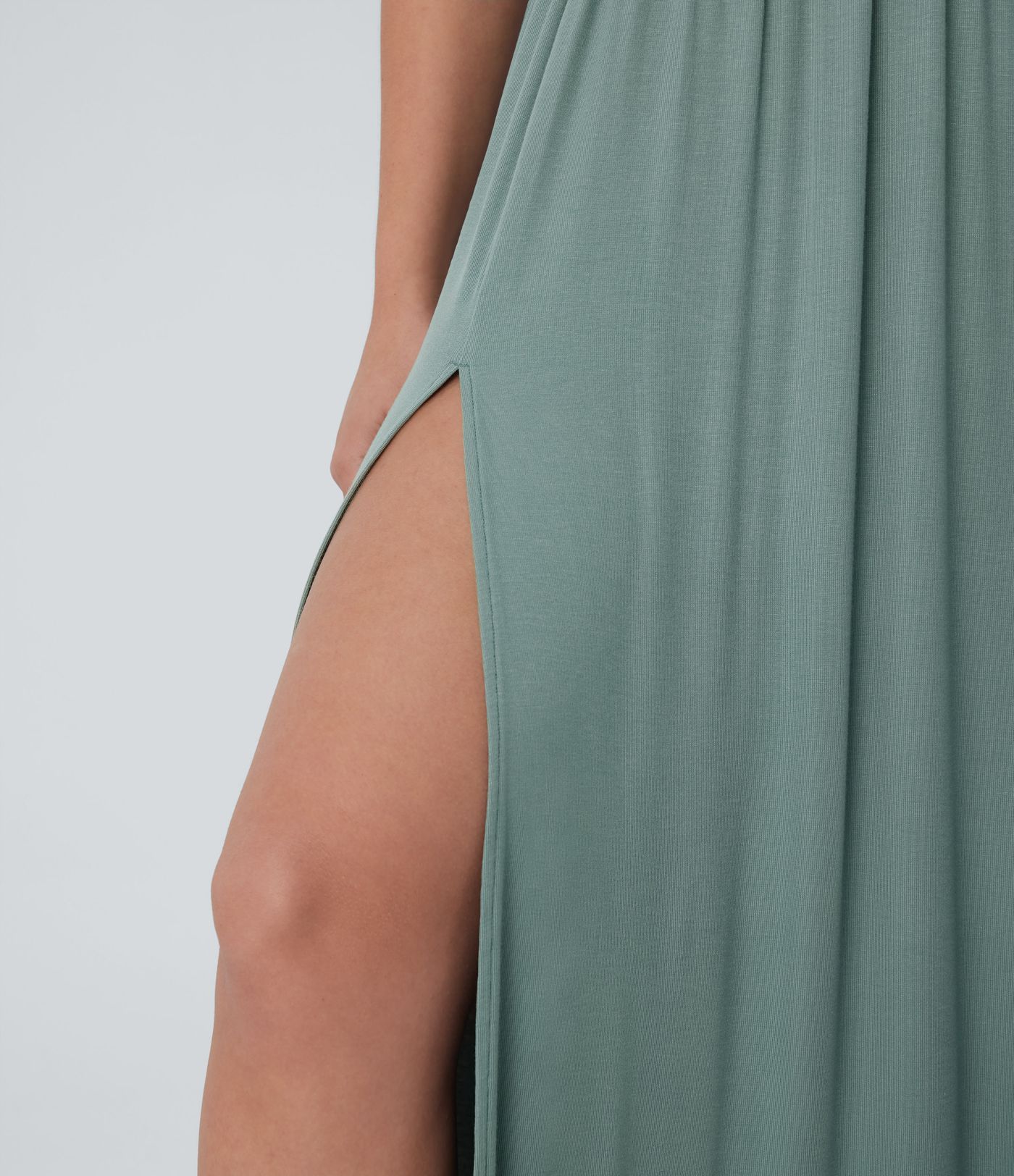 Ribbed Round Neck Backless Racerback Split Flowy Maxi Casual Dress