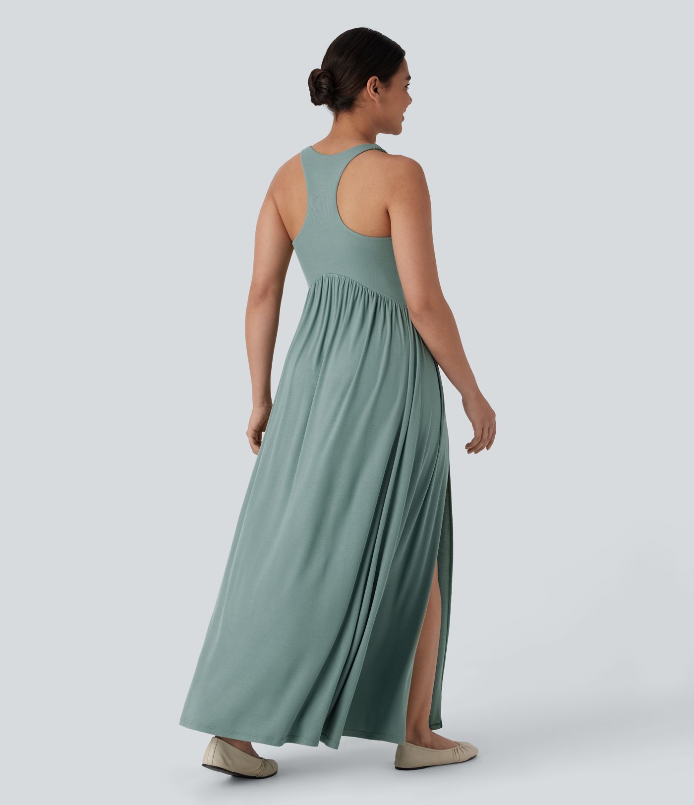 Ribbed Round Neck Backless Racerback Split Flowy Maxi Casual Dress