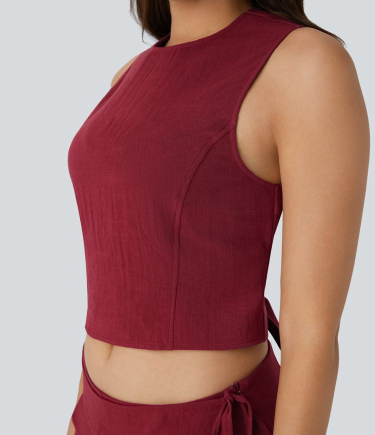 Débardeur court décontracté dos nu à nouer avec toucher lin