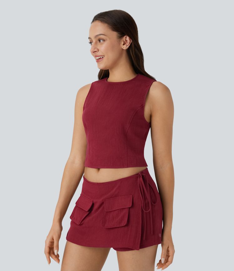 Débardeur court décontracté dos nu à nouer avec toucher lin