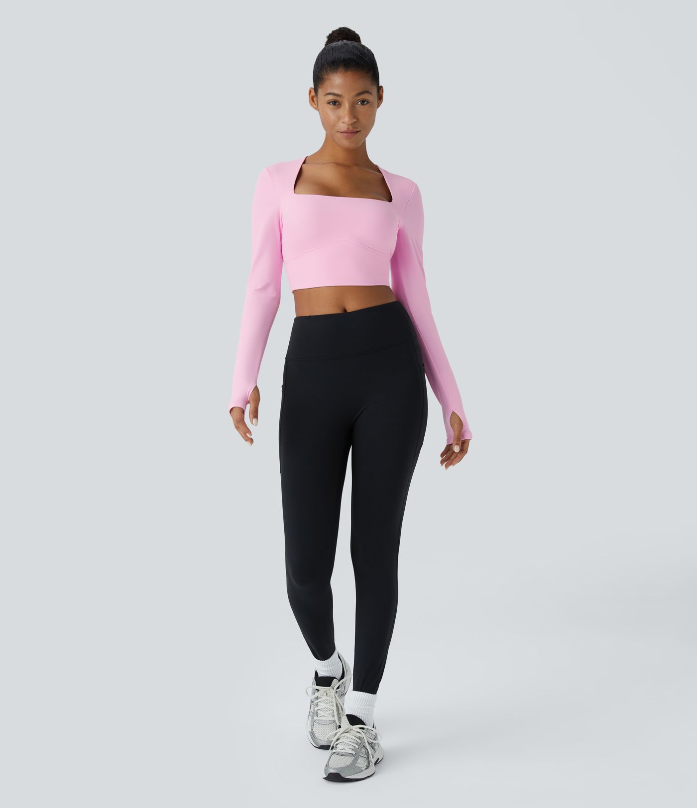 SoftlyZero™ Plush Square Neck Long Sleeve Thumb Hole Cropped Yoga Sports Top