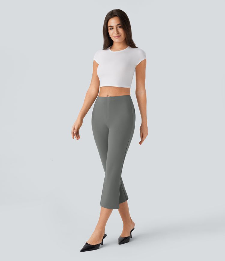 Halara Flex™ Mid Rise Back Side Pocket Split Slight Flare Capri Work Trousers
