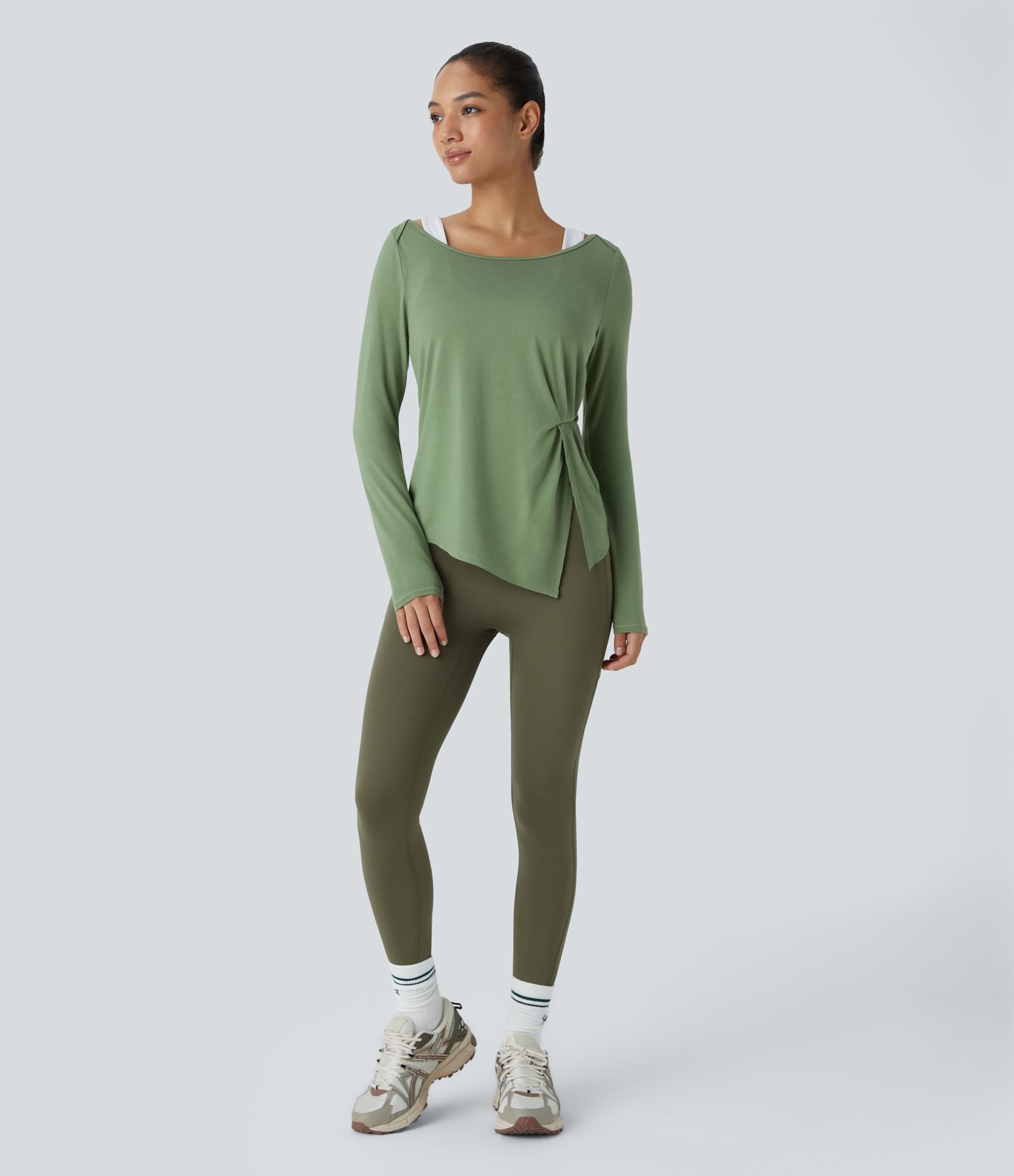 Scoop Neck Long Sleeve Ruched Split Hem Slim Yoga Sports Top