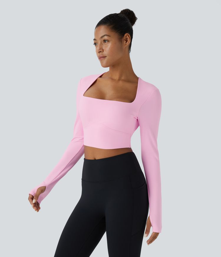 SoftlyZero™ Plush Square Neck Long Sleeve Thumb Hole Cropped Yoga Sports Top