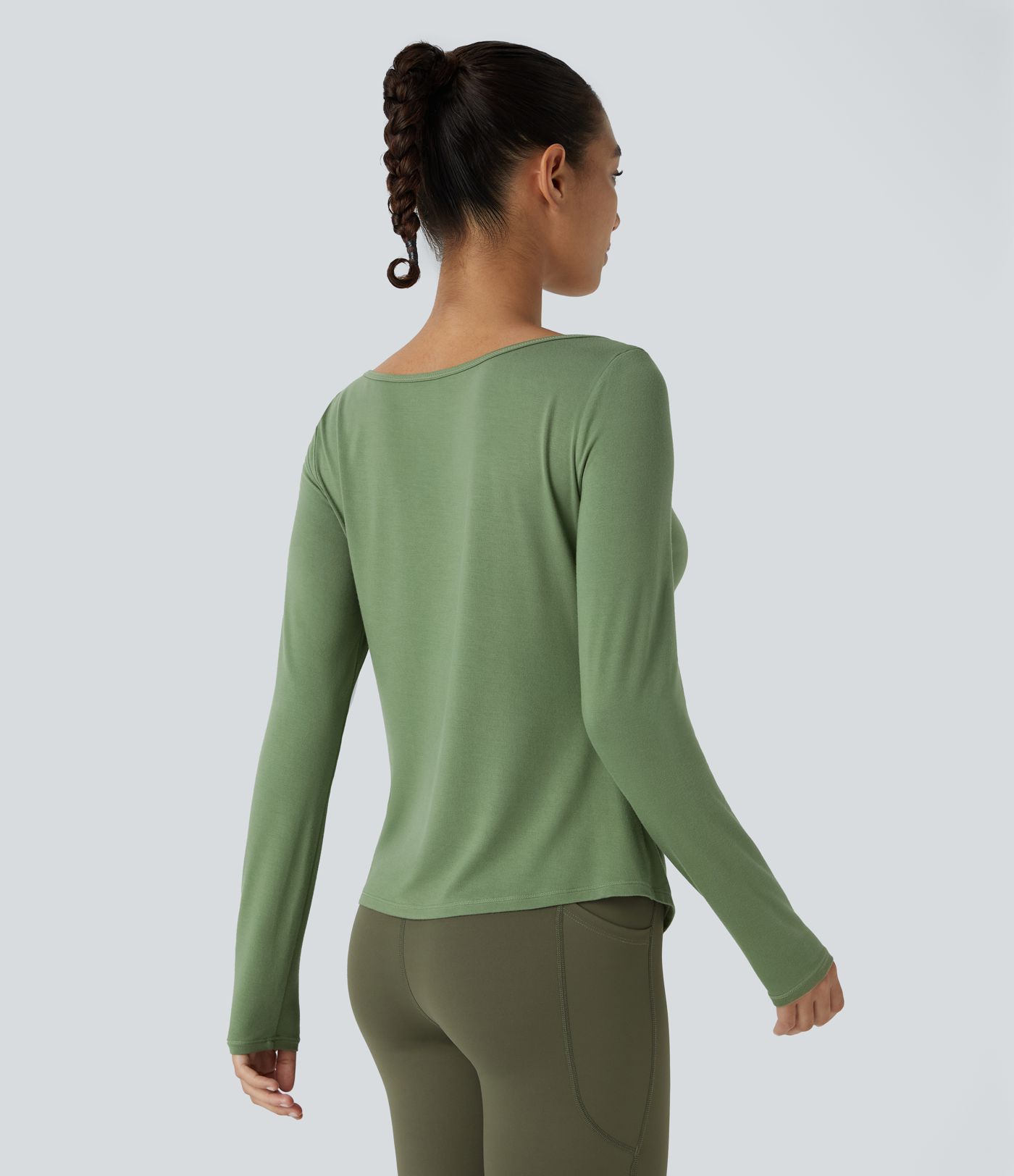 Scoop Neck Long Sleeve Ruched Split Hem Slim Yoga Sports Top
