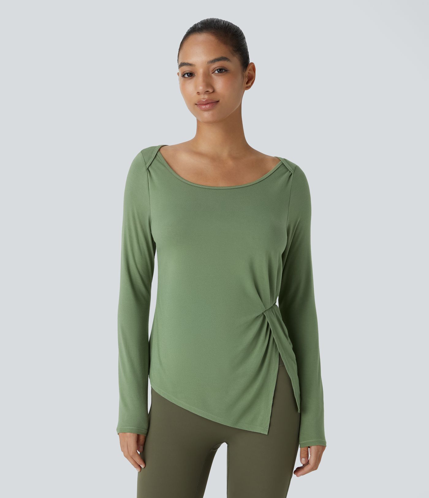 Scoop Neck Long Sleeve Ruched Split Hem Slim Yoga Sports Top