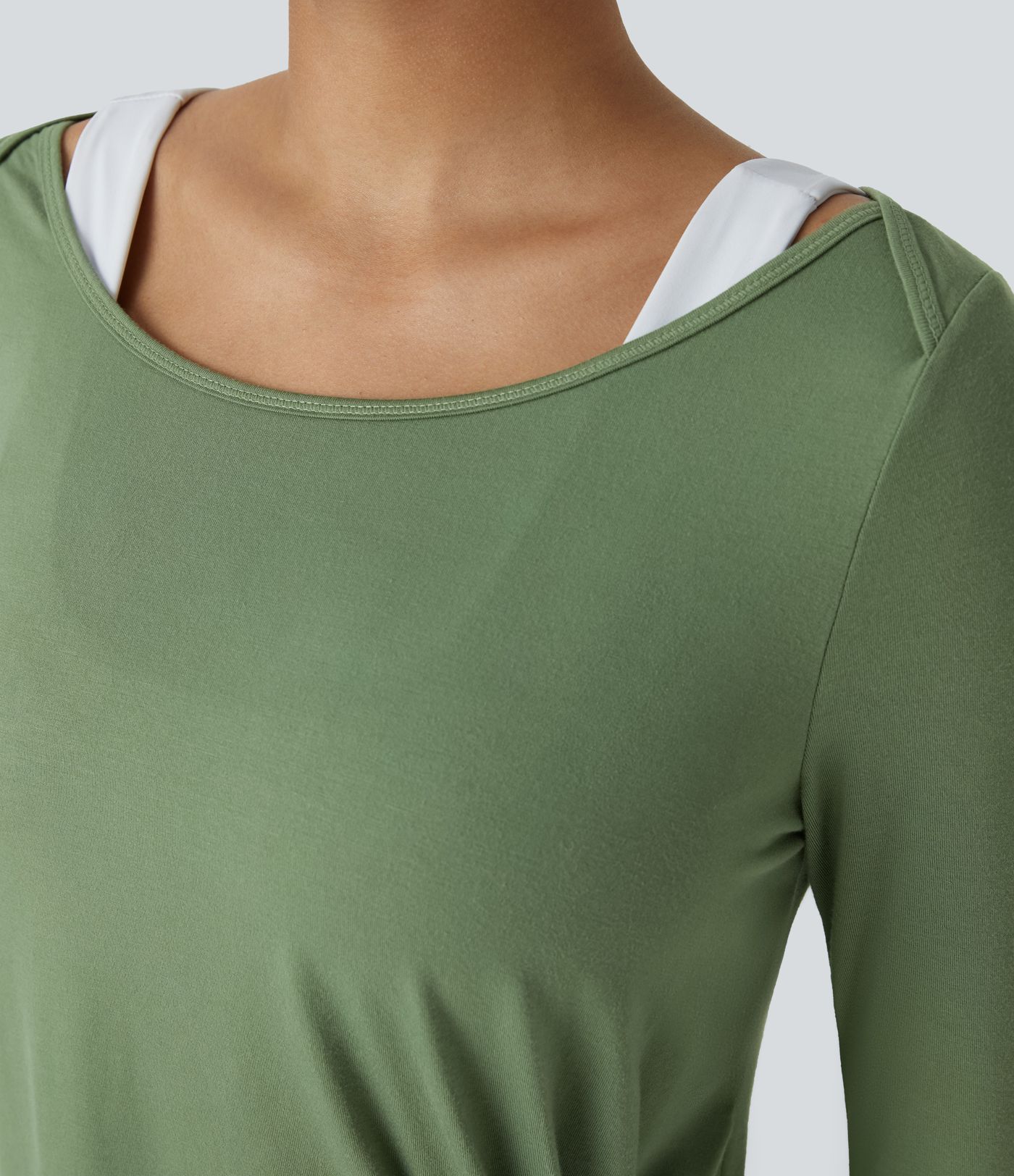 Scoop Neck Long Sleeve Ruched Split Hem Slim Yoga Sports Top