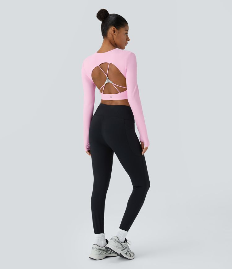 SoftlyZero™ Plush Square Neck Long Sleeve Thumb Hole Cropped Yoga Sports Top