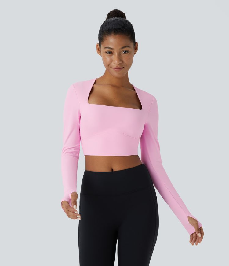 SoftlyZero™ Plush Square Neck Long Sleeve Thumb Hole Cropped Yoga Sports Top
