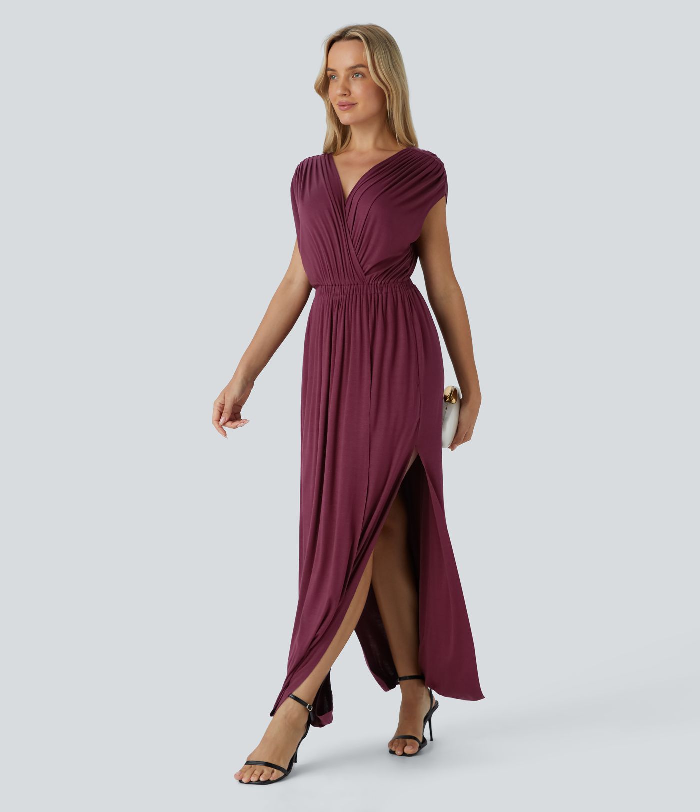 Vestido fiesta largo cuello V sin mangas bolsillo lateral abertura drapeado fruncido