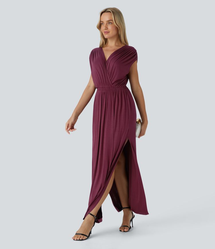 Robe longue côtelée col V sans manches avec poches latérales, fente et drapé froncé