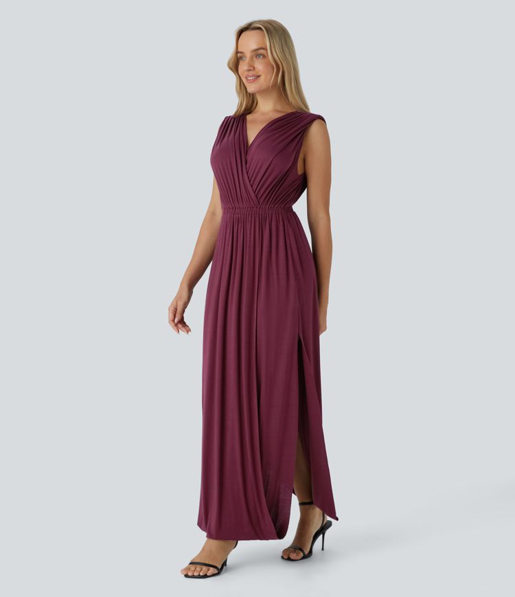 Ribbed V Neck Sleeveless Side Pocket Split Draped Ruched Maxi Party Dress