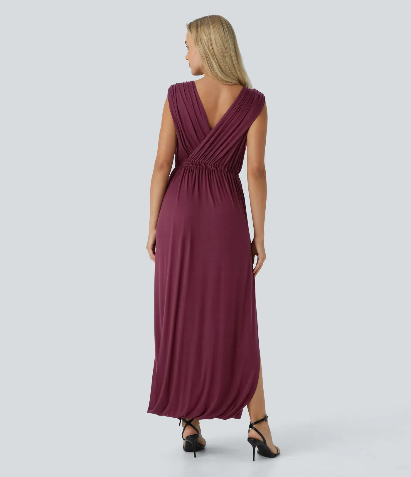 Ribbed V Neck Sleeveless Side Pocket Split Draped Ruched Maxi Party Dress