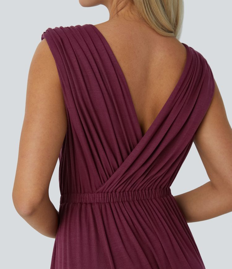 Robe longue côtelée col V sans manches avec poches latérales, fente et drapé froncé