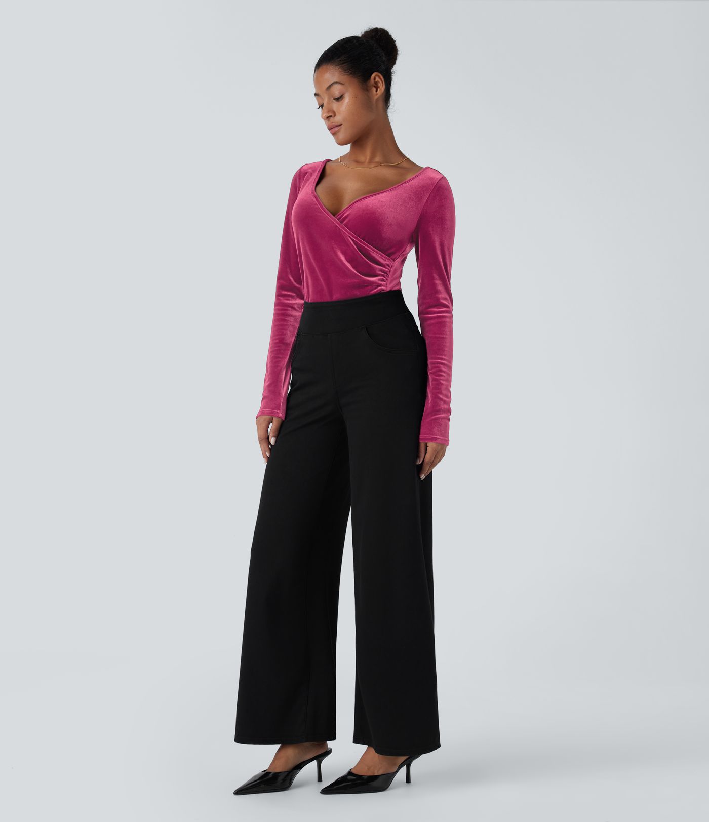 V Neck Long Sleeve Ruched Velvet Casual Top