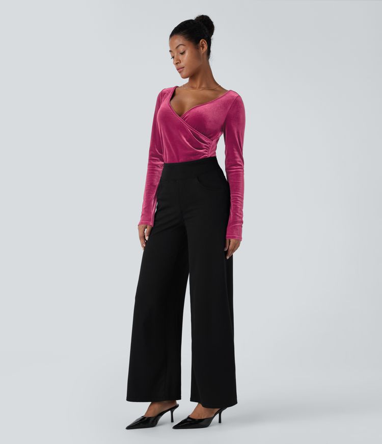 V Neck Long Sleeve Ruched Velvet Casual Top