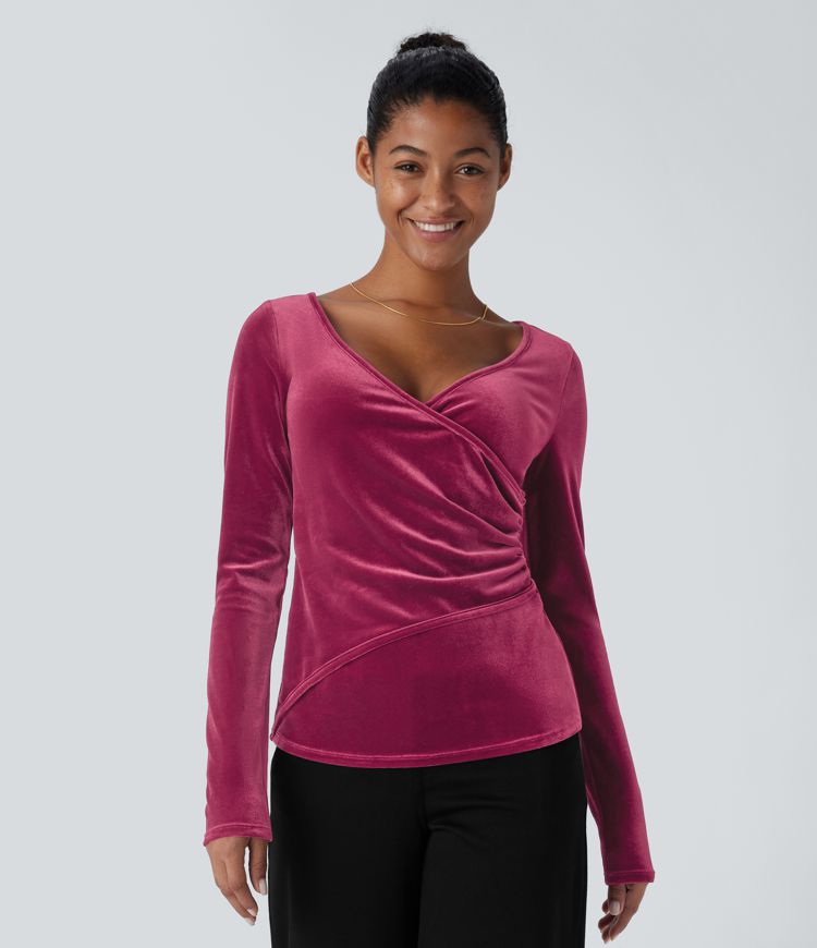 V Neck Long Sleeve Ruched Velvet Casual Top