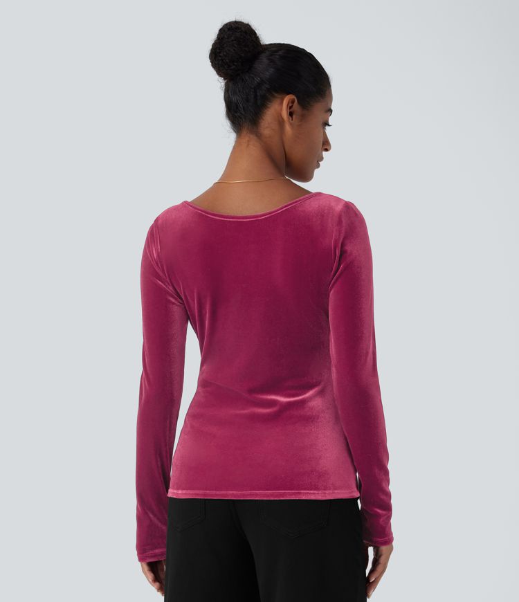 V Neck Long Sleeve Ruched Velvet Casual Top