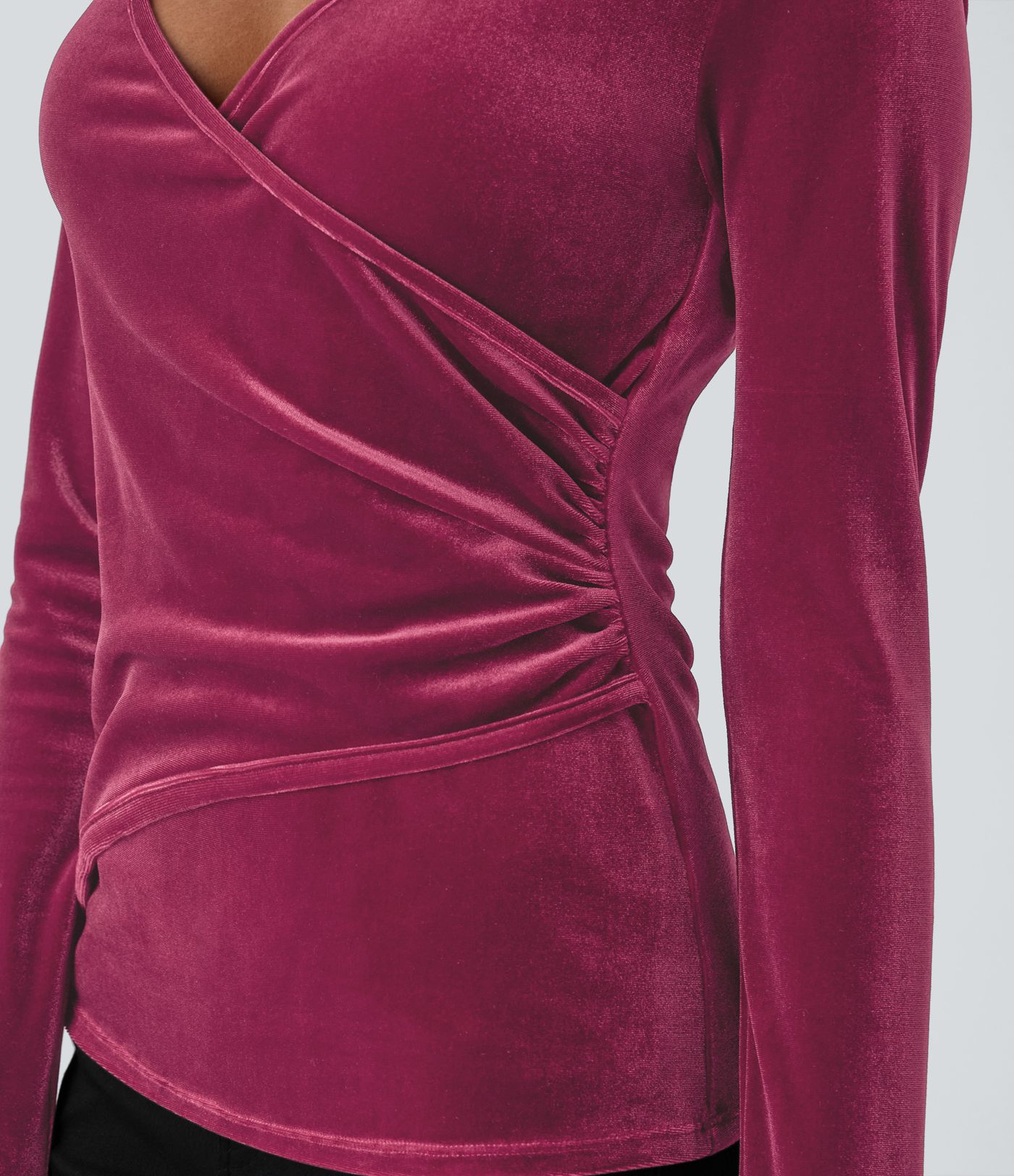 V Neck Long Sleeve Ruched Velvet Casual Top