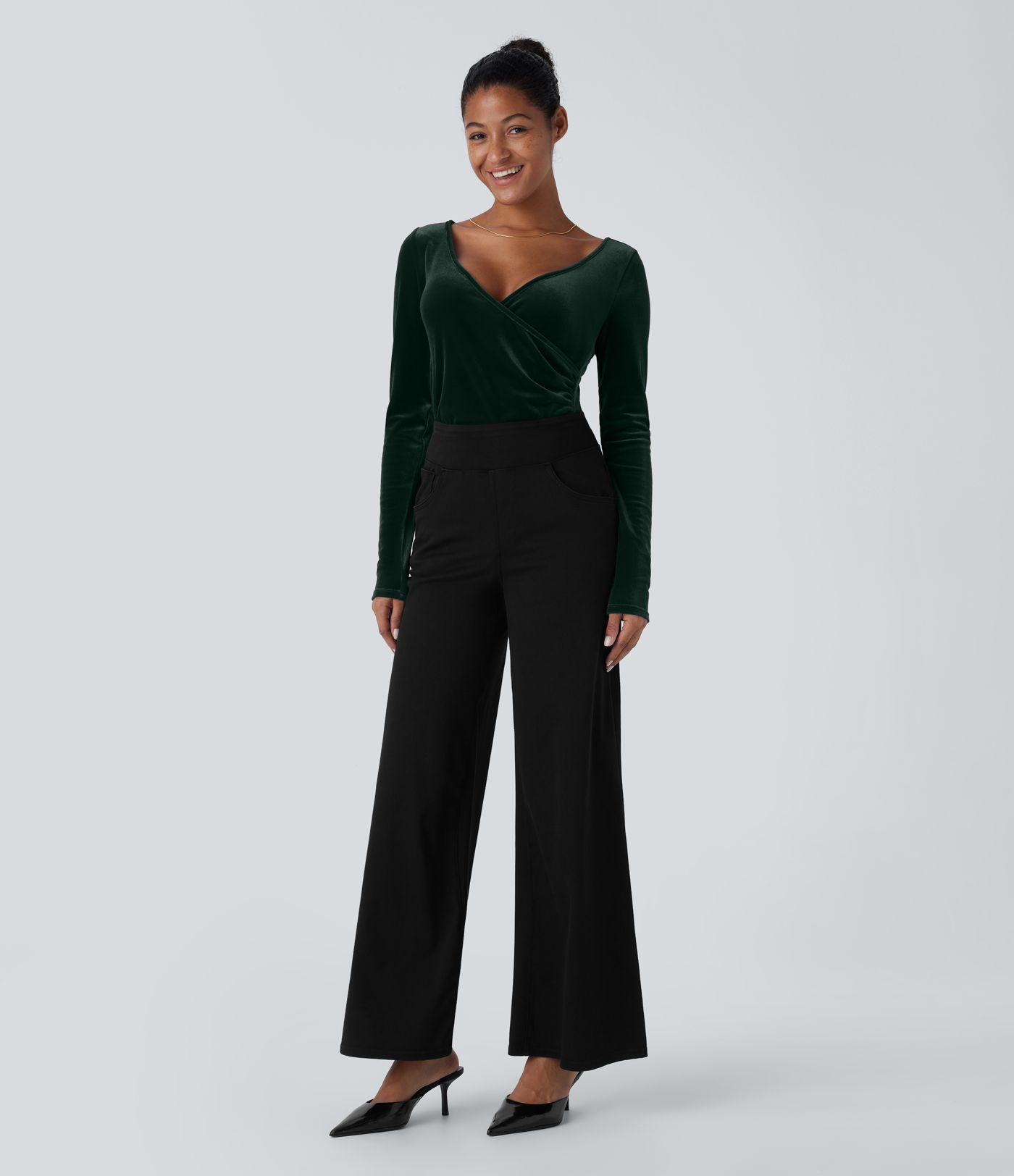 Haut de Noël décontracté en velours col V à manches longues et effet drapé