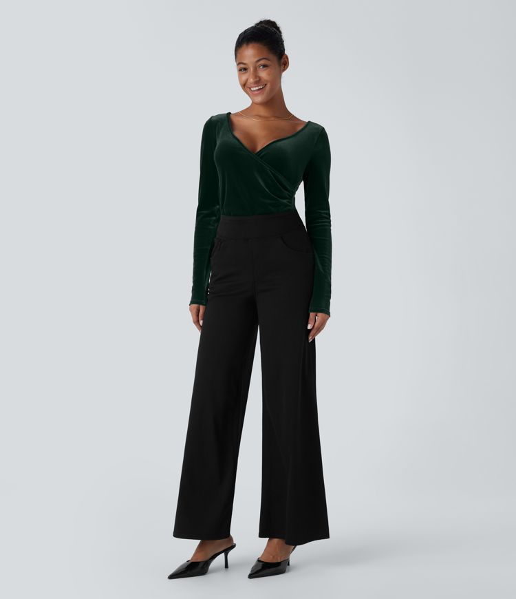 Haut de Noël décontracté en velours col V à manches longues et effet drapé