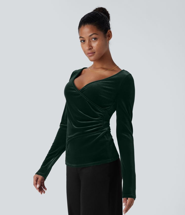 Haut de Noël décontracté en velours col V à manches longues et effet drapé