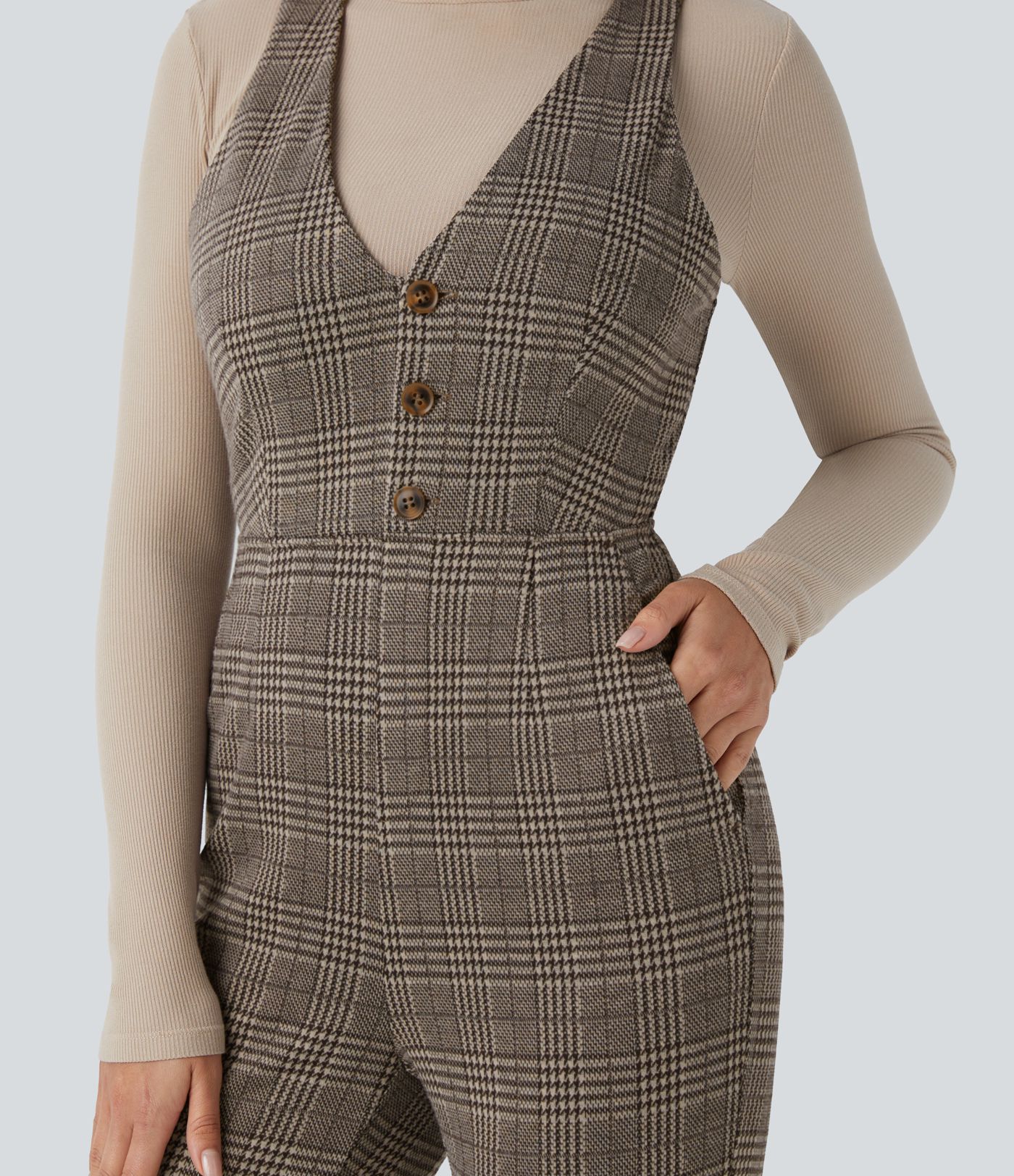 V-Ausschnitt, Knopfleiste, ärmellos, Seitentasche, schmaler Arbeitsoverall mit Hahnentrittmuster und Karomuster