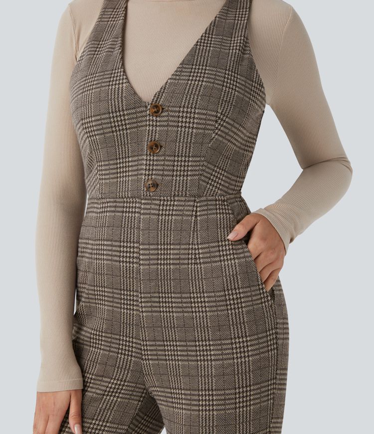 Combinaison de travail ajustée col V sans manches motif pied-de-poule