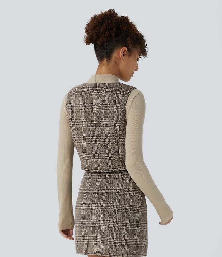 Gilet décontracté à motif pied-de-poule et carreaux avec col V et boutons