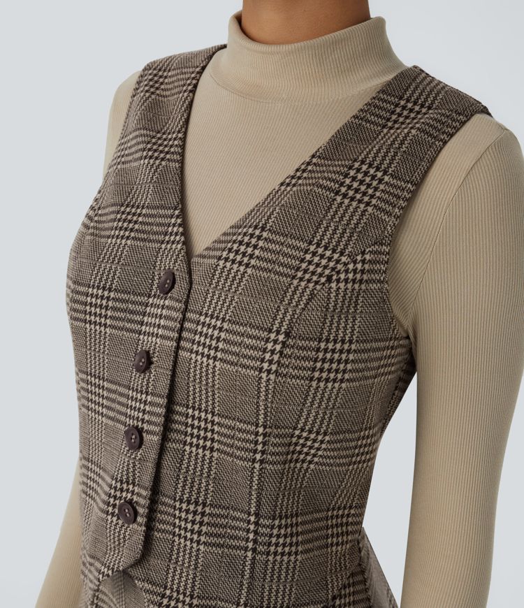 Gilet décontracté à motif pied-de-poule et carreaux avec col V et boutons