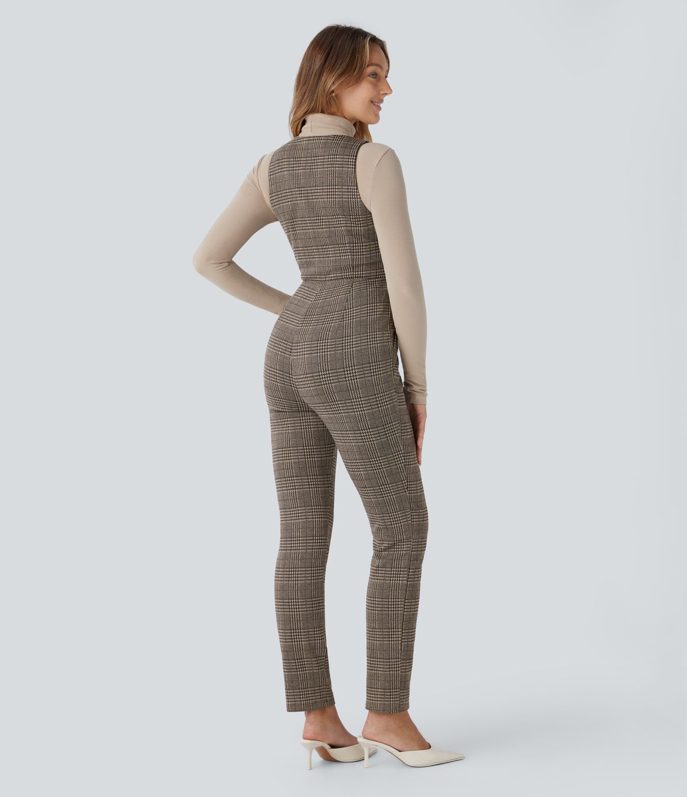 V-Ausschnitt, Knopfleiste, ärmellos, Seitentasche, schmaler Arbeitsoverall mit Hahnentrittmuster und Karomuster