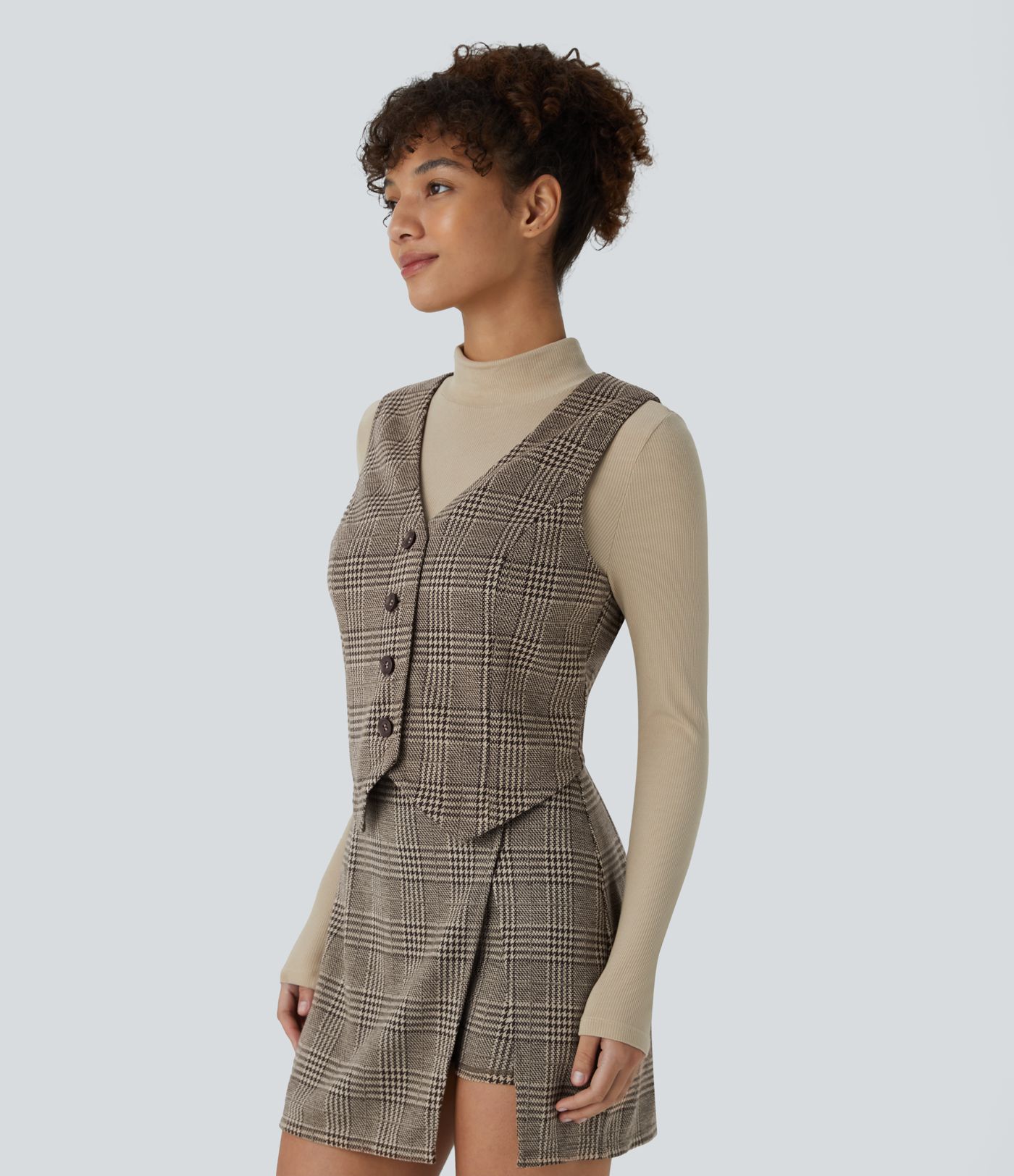 Gilet décontracté à motif pied-de-poule et carreaux avec col V et boutons