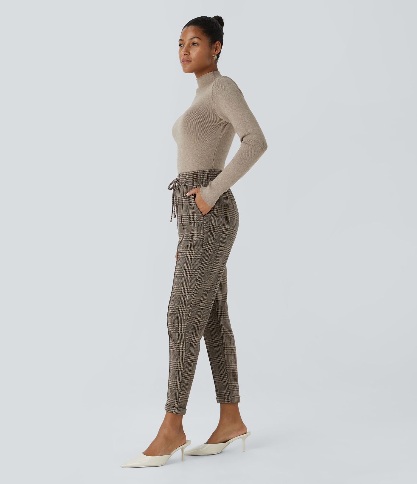 Halara Flex™ Mid Rise Drawstring Side Pocket Houndstooth Plaid Work Trousers
