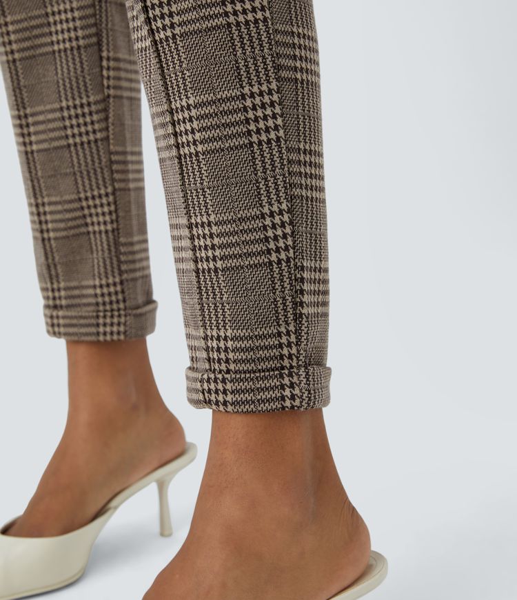 Halara Flex™ Pantalon Tailleur taille mi-haute à motif pied-de-poule avec cordon de serrage et poches latérales