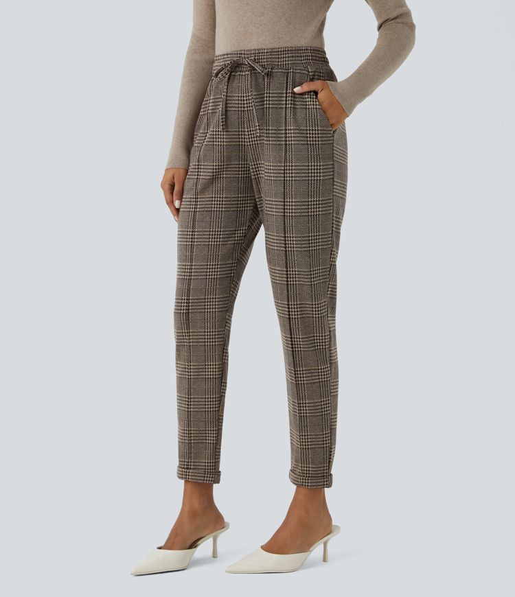 Halara Flex™ Pantalon Tailleur taille mi-haute à motif pied-de-poule avec cordon de serrage et poches latérales