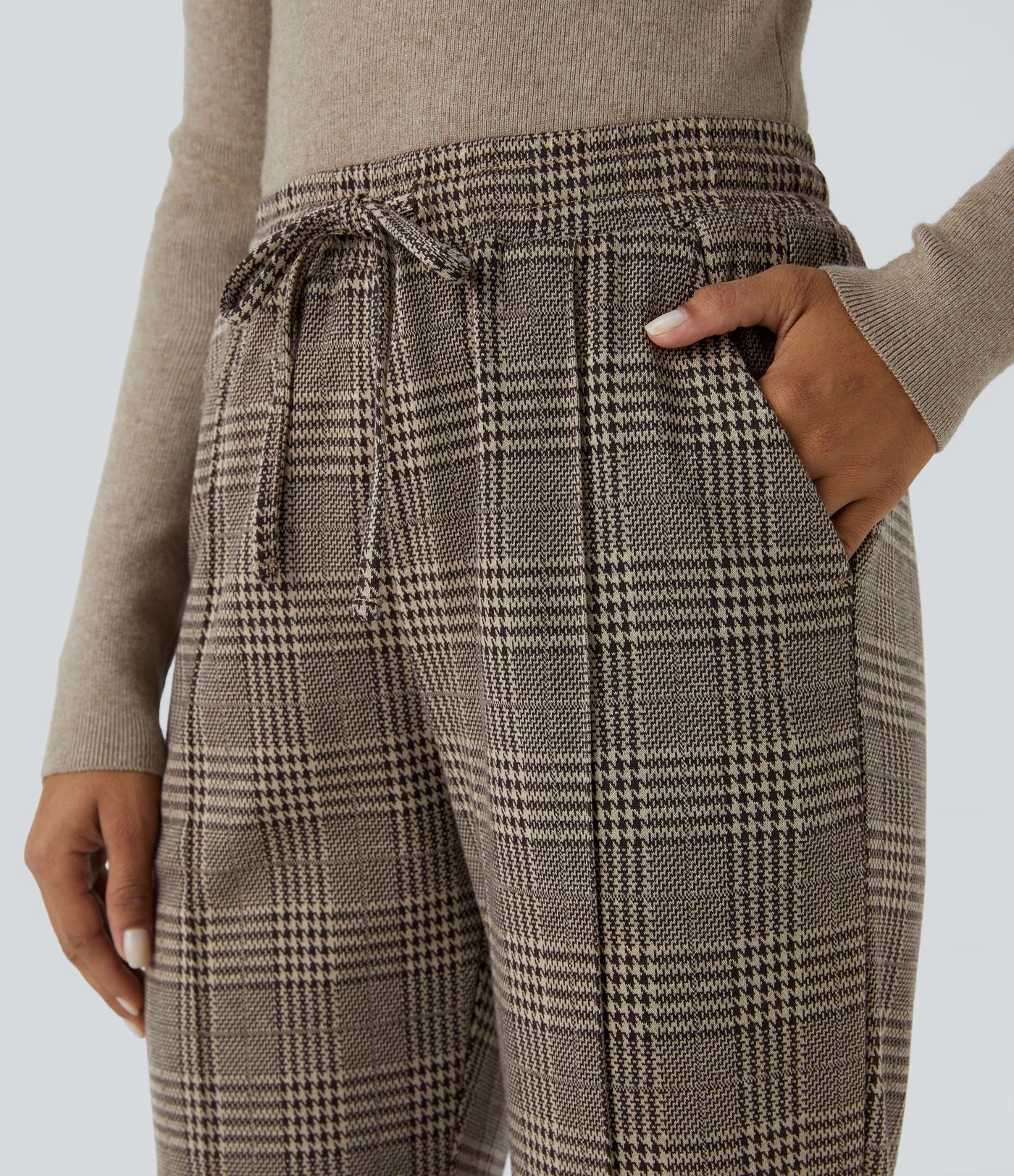 Halara Flex™ Mid Rise Drawstring Side Pocket Houndstooth Plaid Work Trousers