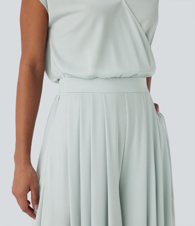 V Neck Short Sleeve Pocket Wide Leg Flowy Waffle Casual Jumpsuit-Easy Peezy Edition