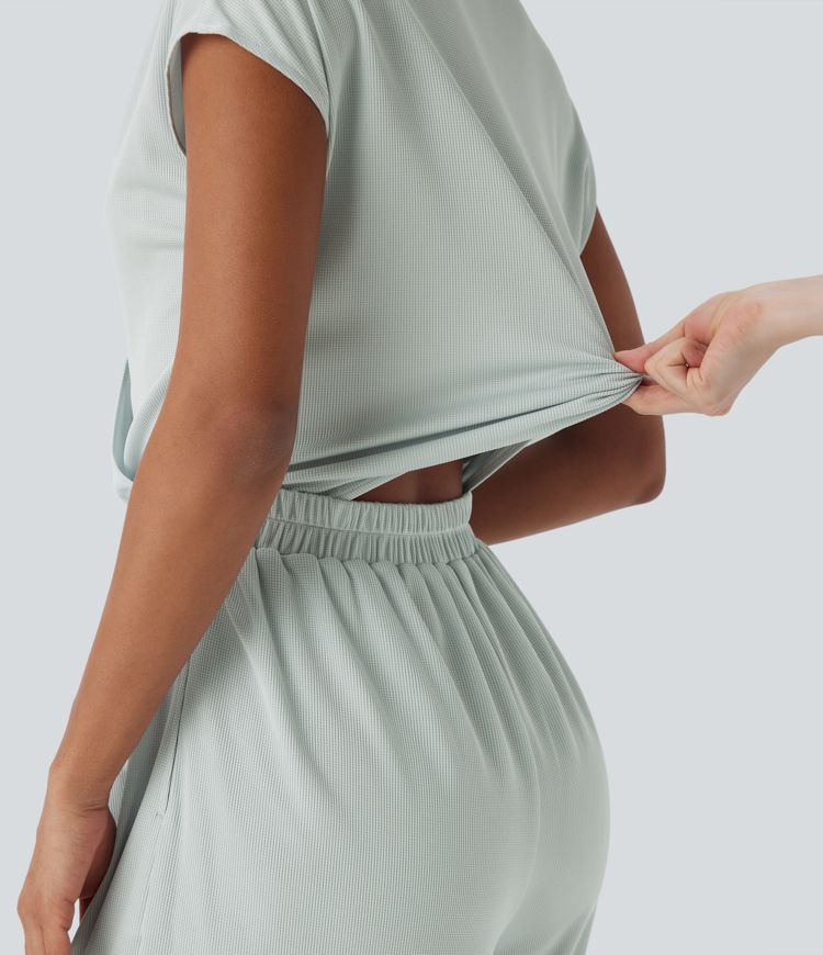 V Neck Short Sleeve Pocket Wide Leg Flowy Waffle Casual Jumpsuit-Easy Peezy Edition
