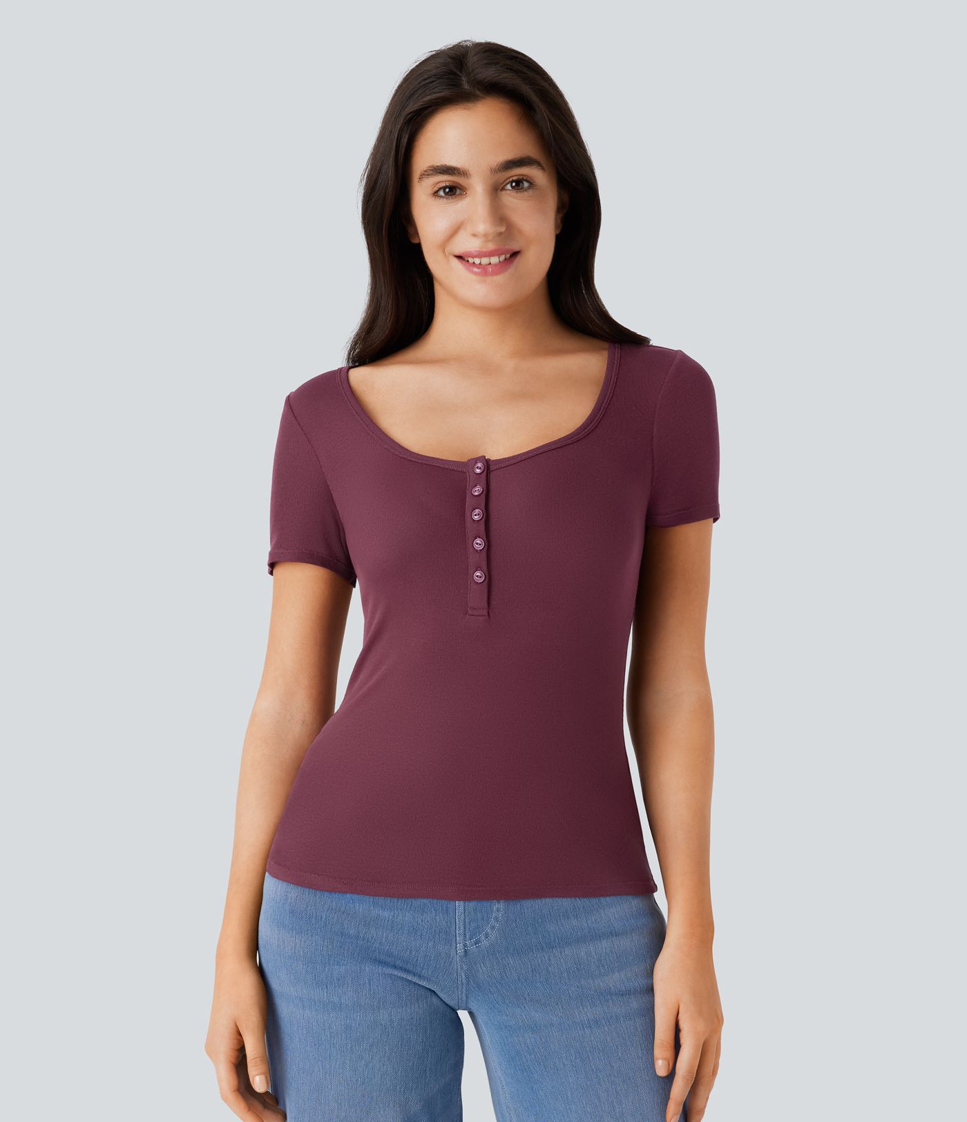 Ribbed Henley Neck Short Sleeve Slim Casual Top