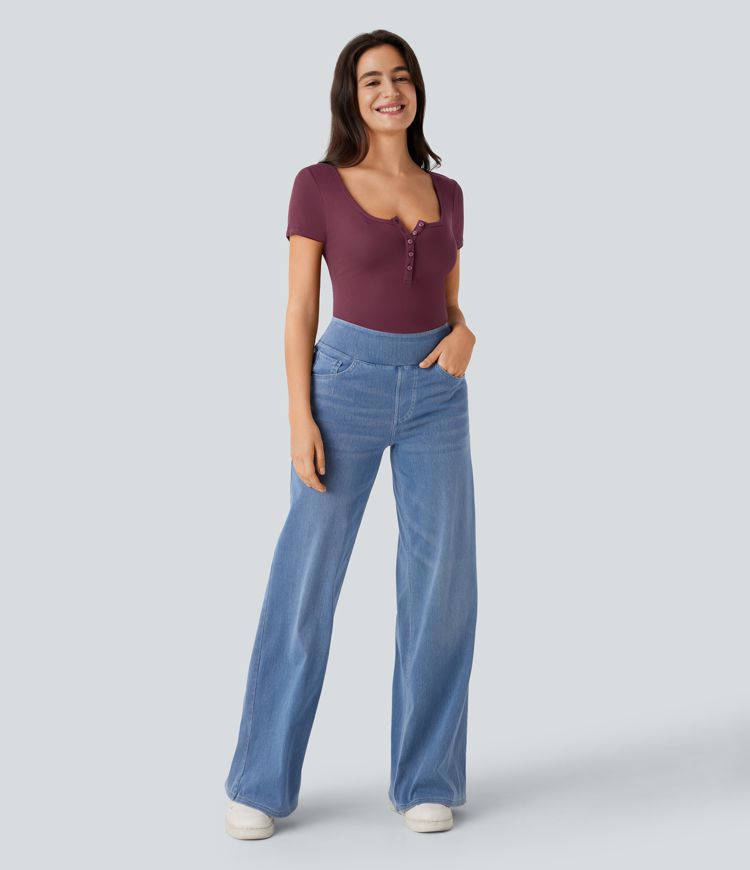 Top ajustado manga corta cuello Henley acanalado