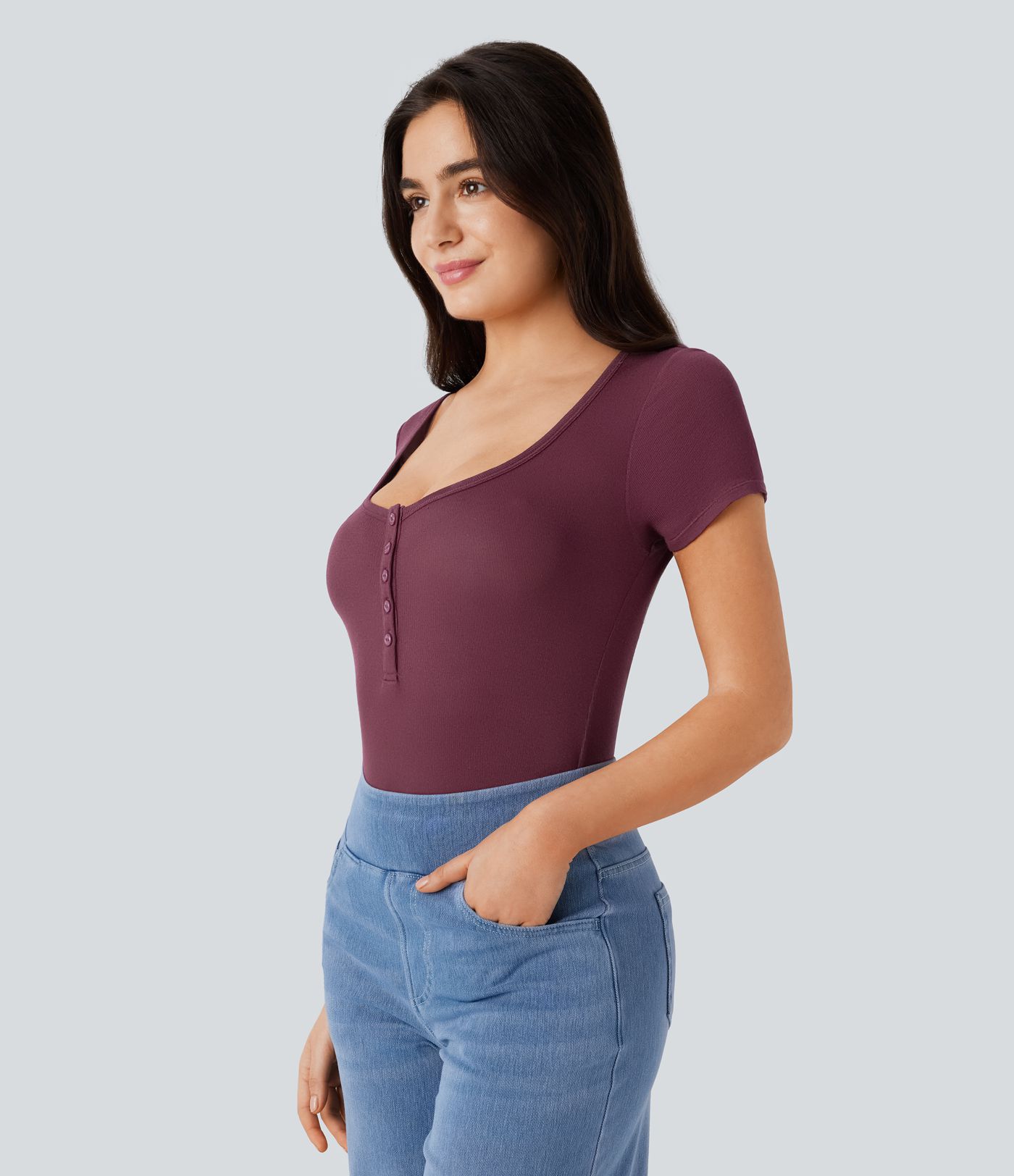 Ribbed Henley Neck Short Sleeve Slim Casual Top