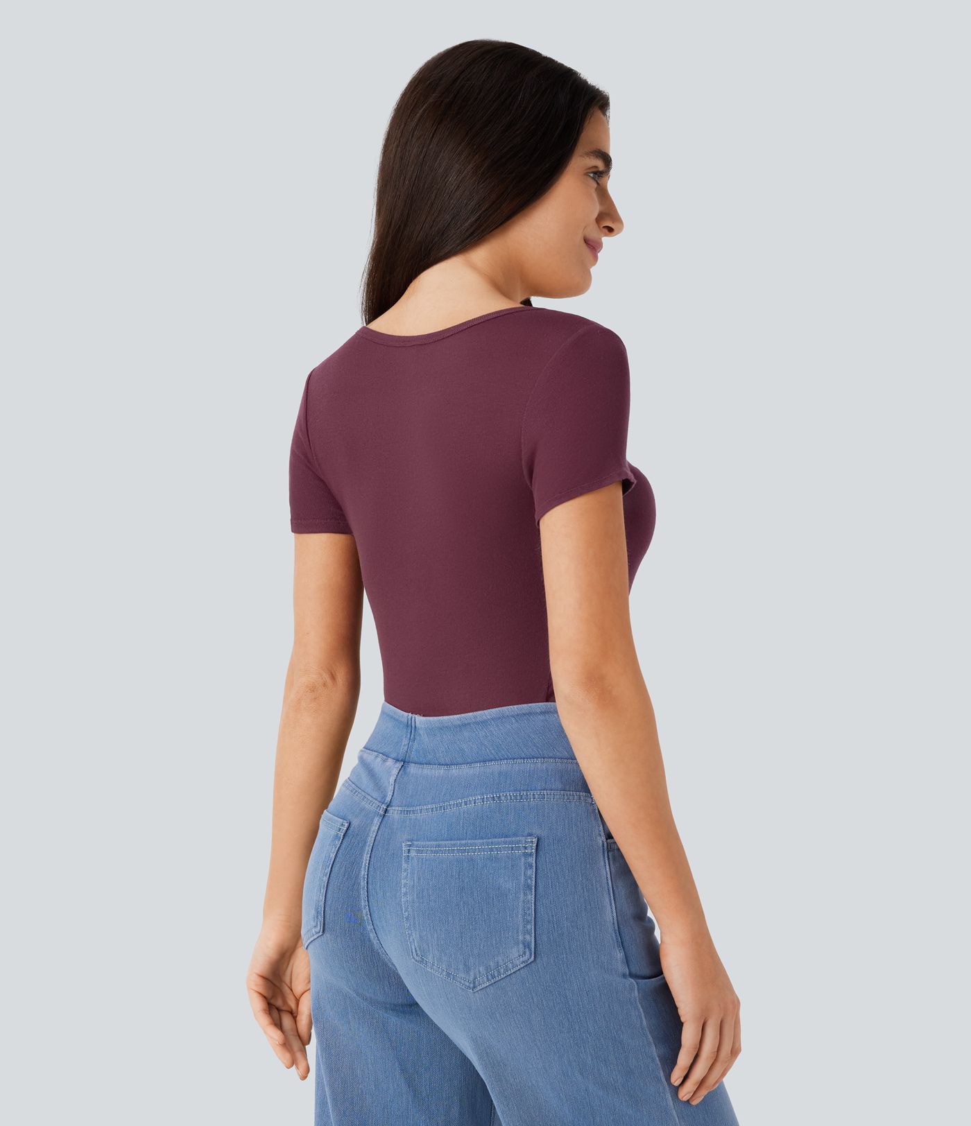 Ribbed Henley Neck Short Sleeve Slim Casual Top