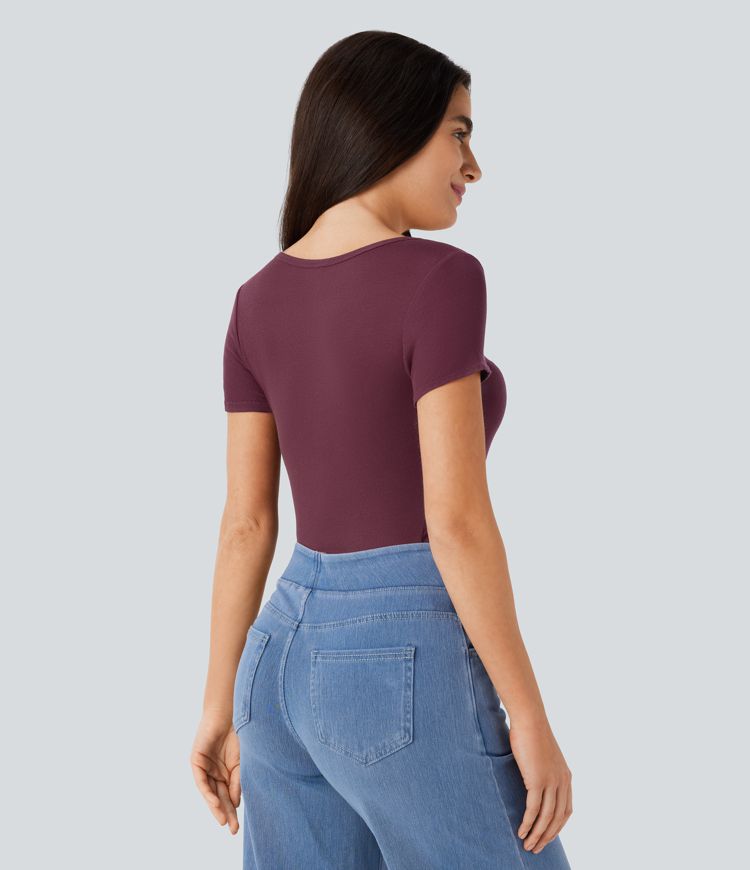Ribbed Henley Neck Short Sleeve Slim Casual Top