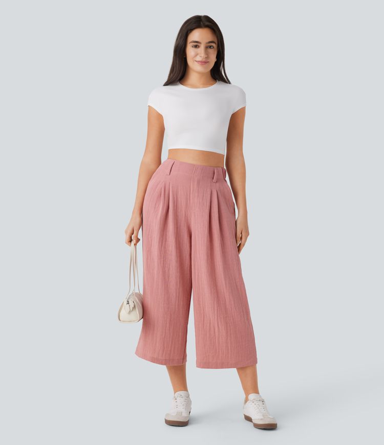 Pantalón capri lino tiro alto bolsillo lateral pierna ancha holgado color liso